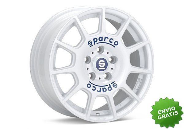 Llanta exclusiva Oz Sparco Terra 7x16 4x100 Et42 Blanco Blue Lettering